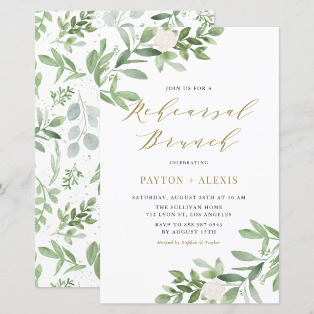 White Flowers Greenery Rehearsal Brunch Invitation (Front/Back)