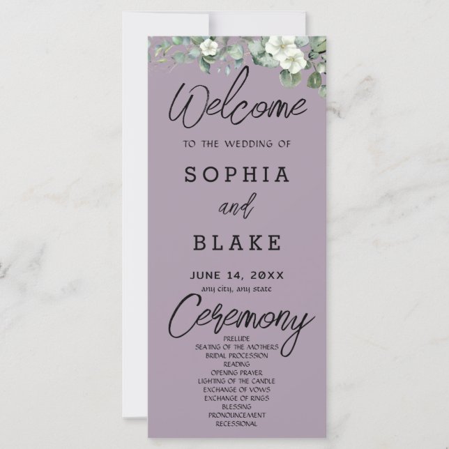 White Flowers Greenery Rose Quartz Wedding Program (Front)