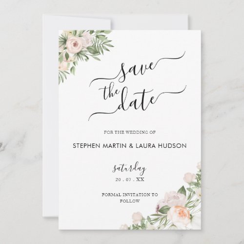 White Flowers Greenery Succulent Save the Date Invitation