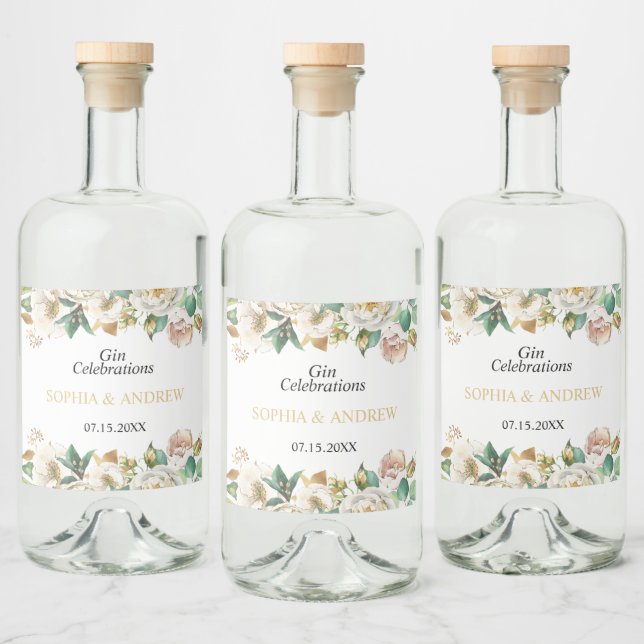 White Flowers & Greenery Wedding Wood  Liquor Bottle Label (Bottles)