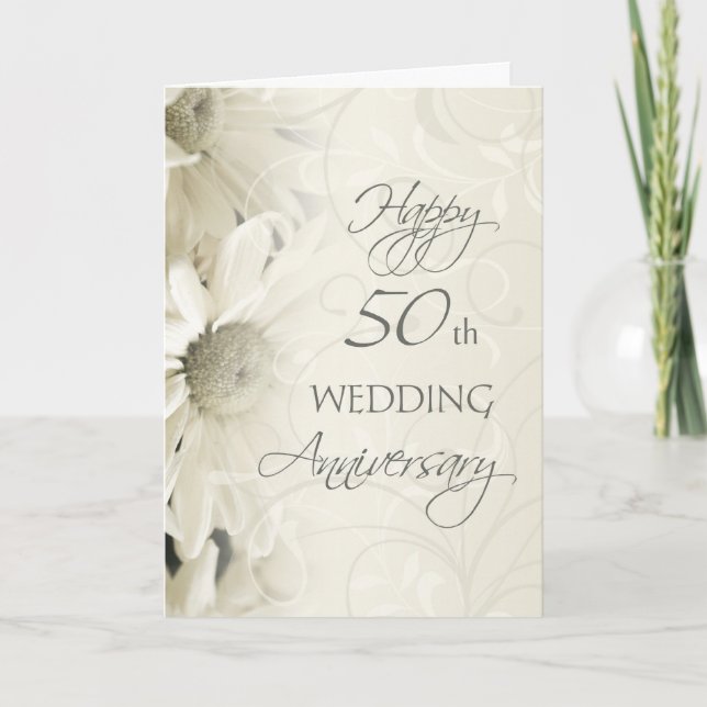 White Flowers Happy 50th Wedding  Anniversary Card (Front)