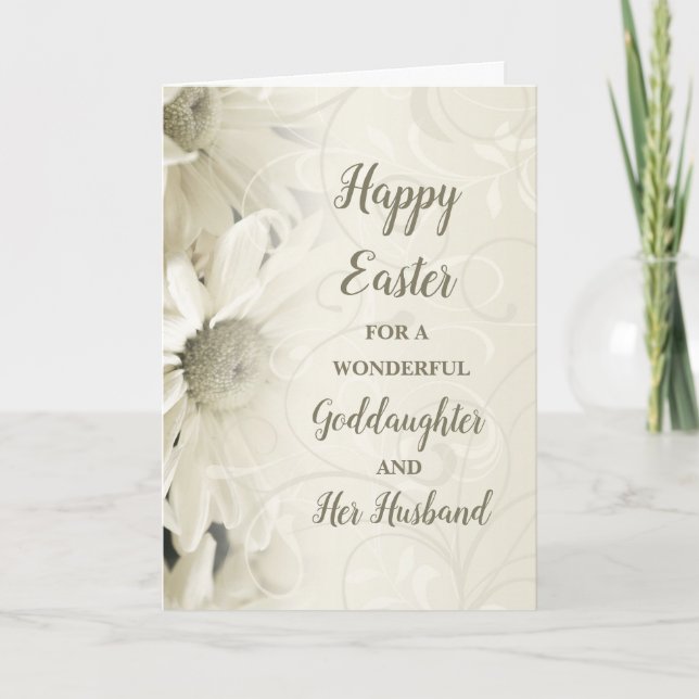 White Flowers Happy Easter Goddaughter & Husband Holiday Card (Front)