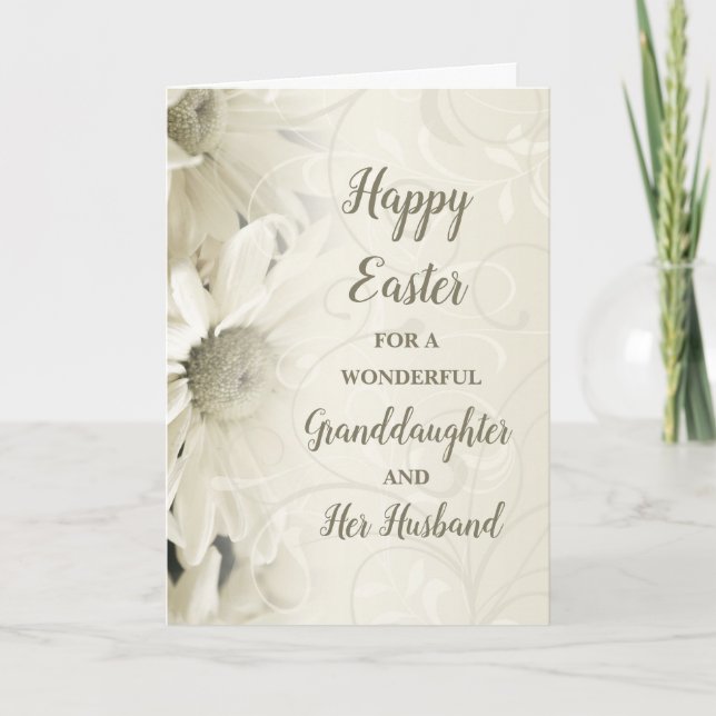 White Flowers Happy Easter Granddaughter & Husband Holiday Card (Front)