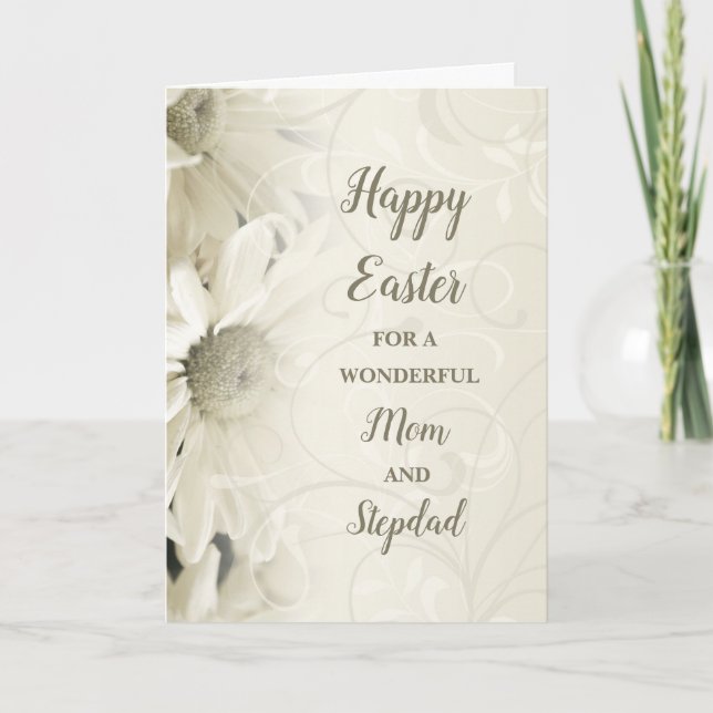 White Flowers Happy Easter Mom and Stepdad Holiday Card (Front)