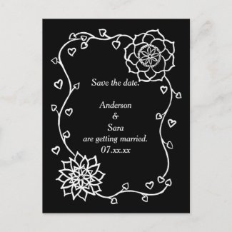 White Flowers Hearts Black Save the date Postcards
