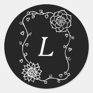 White Flowers Hearts on Black Monogram Stickers