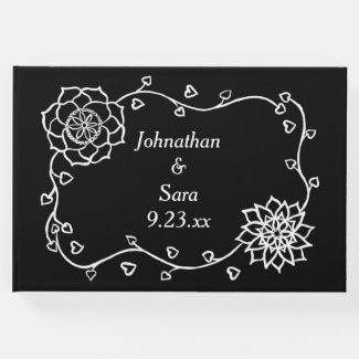 White Flowers & Hearts on Black Wedding Guestbooks