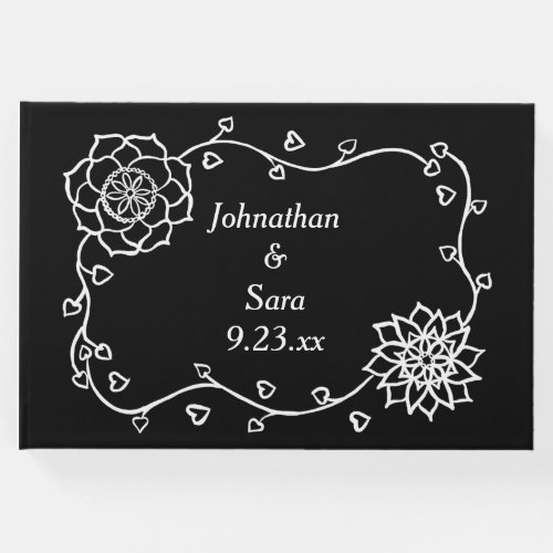 White Flowers  Hearts on Black Wedding Guestbooks