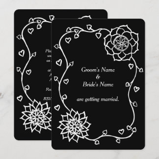 White Flowers Hearts on Black Wedding Invitations