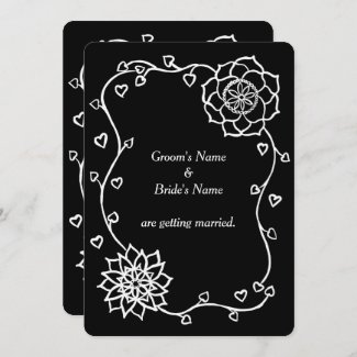 White Flowers Hearts on Black Wedding Invitations