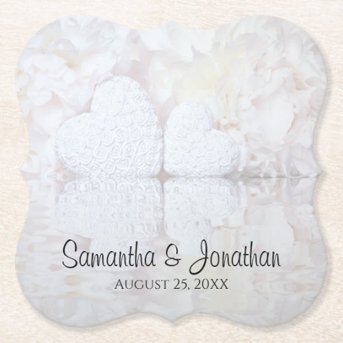 White Flowers  Hearts Reflections Wedding Paper Coaster