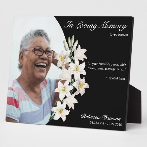 White Flowers In Loving Memory Black Custom Photo Plaque