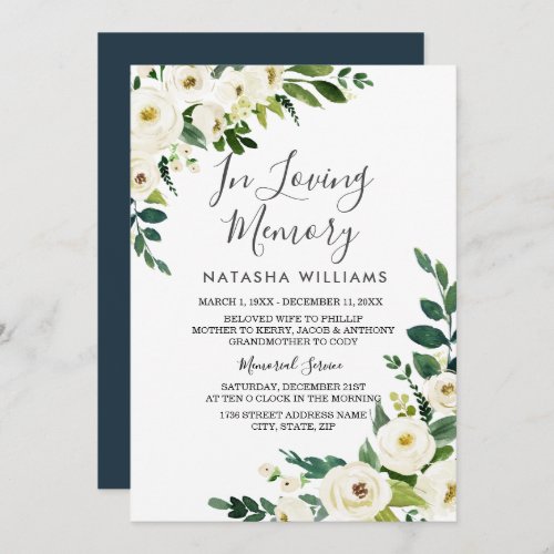 White Flowers In Loving memory memorial Invitation
