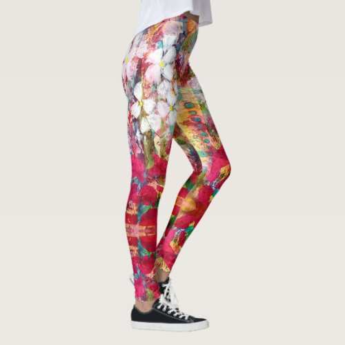 White Flowers in Pink Pot Leggings