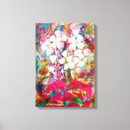 White Flowers in Pink Pot Stretched Canvas Print