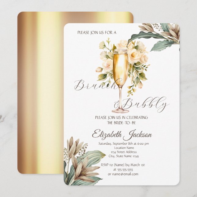 White Flowers Leaf Champagne Glass Bridal Shower Invitation (Front/Back)