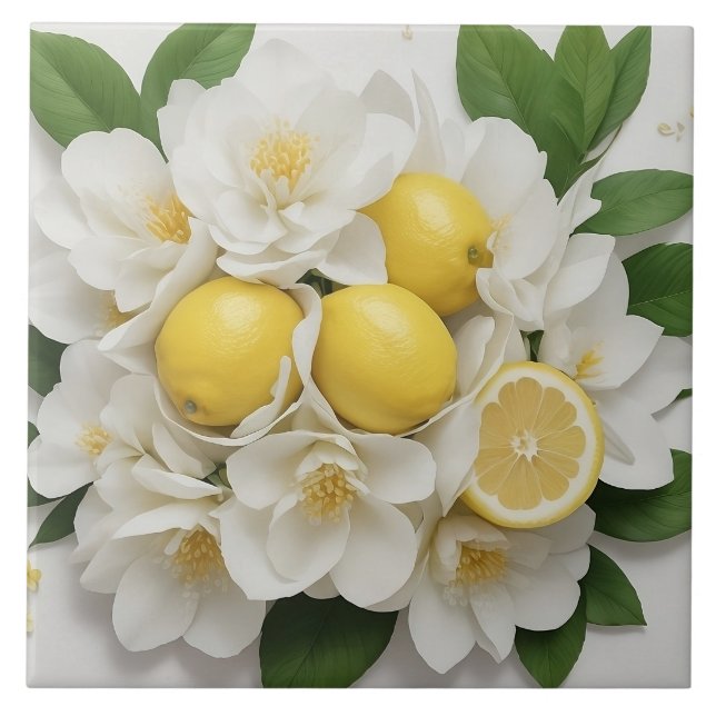 White Flowers, Lemons & Green Leaves on White Ceramic Tile (Front)