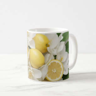 White Flowers, Lemons & Green Leaves on White Coffee Mug