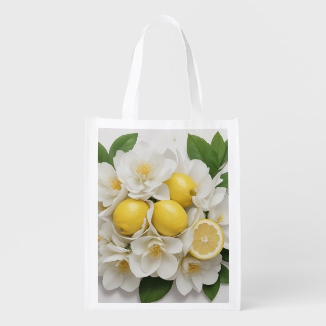 White Flowers, Lemons & Green Leaves on White Grocery Bag (Front)