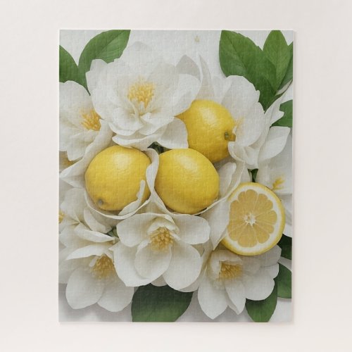 White Flowers Lemons  Green Leaves on White Jigsaw Puzzle