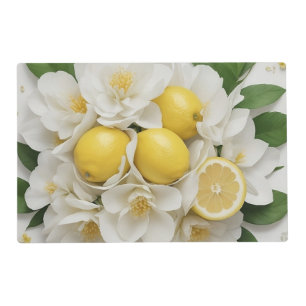 White Flowers, Lemons & Green Leaves on White Placemat