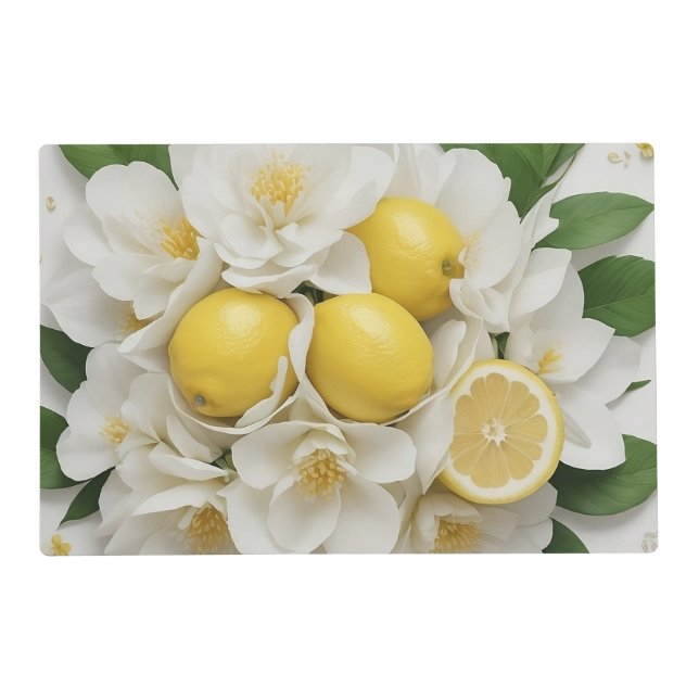 White Flowers, Lemons & Green Leaves on White Placemat (Front)