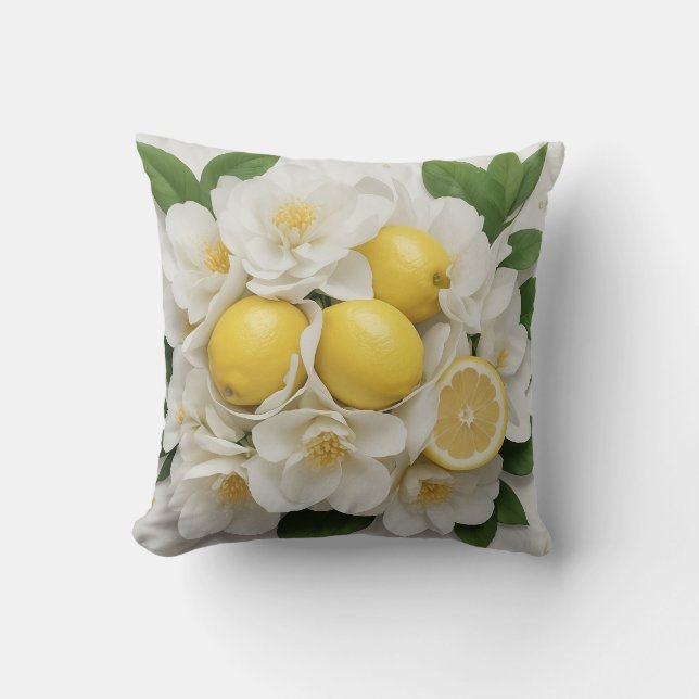 White Flowers, Lemons & Green Leaves on White Throw Pillow (Front)