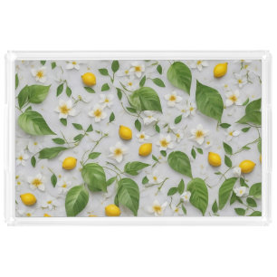 White Flowers Lemons Green Leaves Pattern on White Acrylic Tray