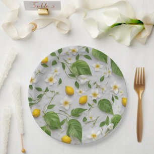 White Flowers Lemons Green Leaves Pattern on White Paper Plates