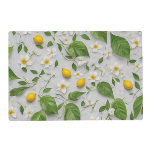 White Flowers Lemons Green Leaves Pattern on White Placemat