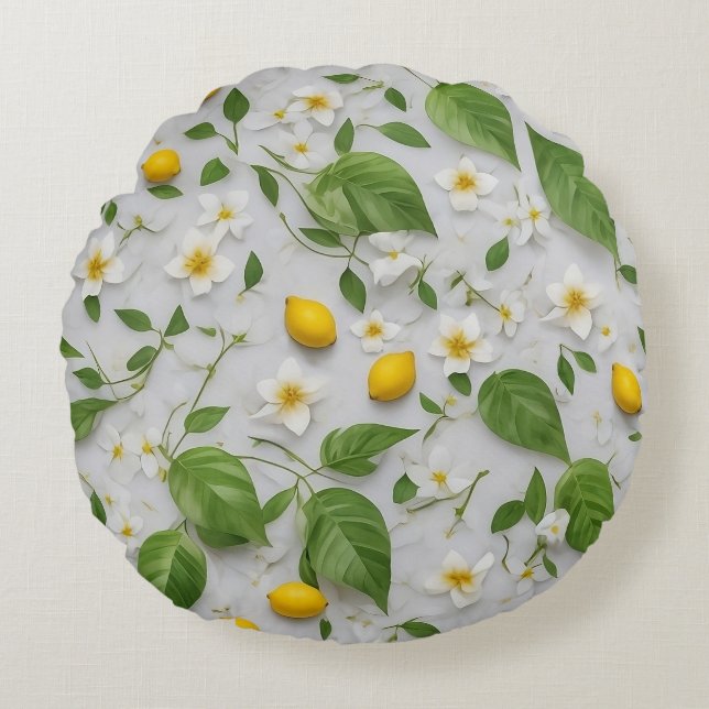 White Flowers Lemons Green Leaves Pattern on White Round Pillow (Front)