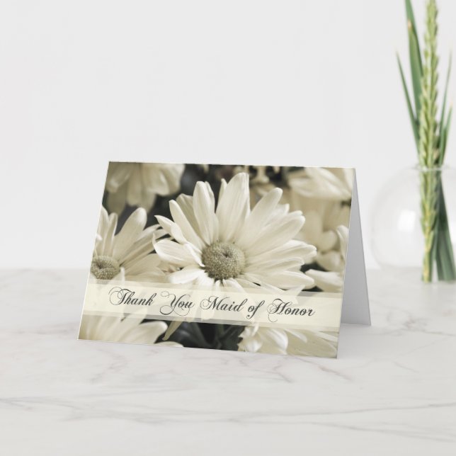White Flowers Maid of Honor Thank You Card (Front)