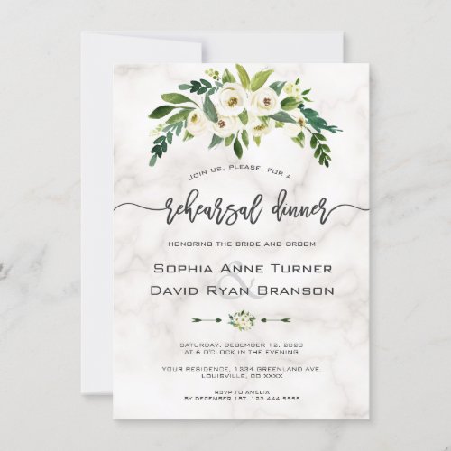 White Flowers Marble Handwriting Rehearsal Dinner Invitation