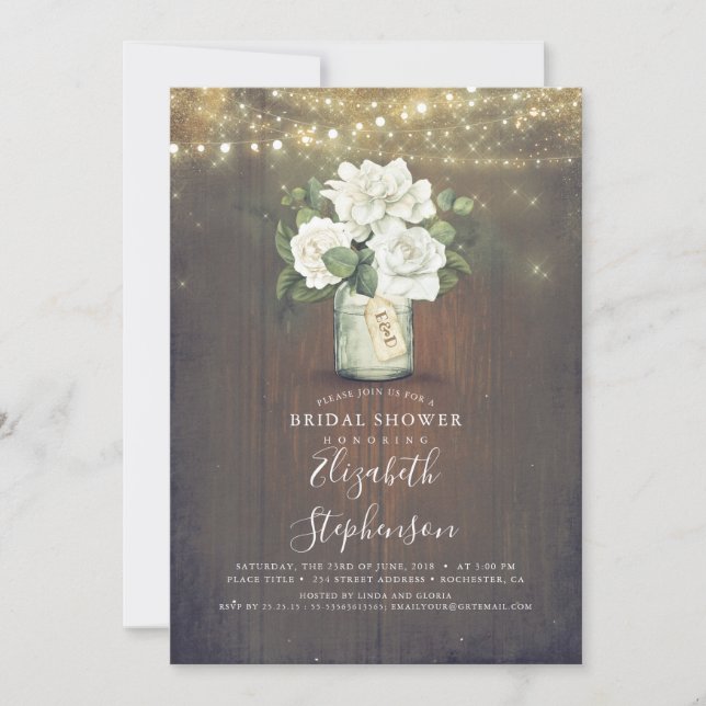 White Flowers Mason Jar Rustic Bridal Shower Invitation (Front)