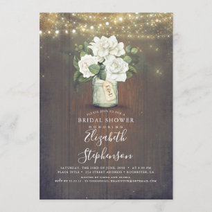 White Flowers Mason Jar Rustic Bridal Shower Invitation