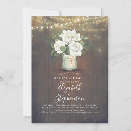 White Flowers Mason Jar Rustic Bridal Shower Invitation