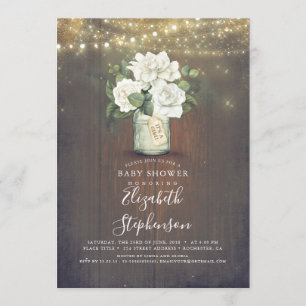 White Flowers Mason Jar Rustic Country Baby Shower Invitation