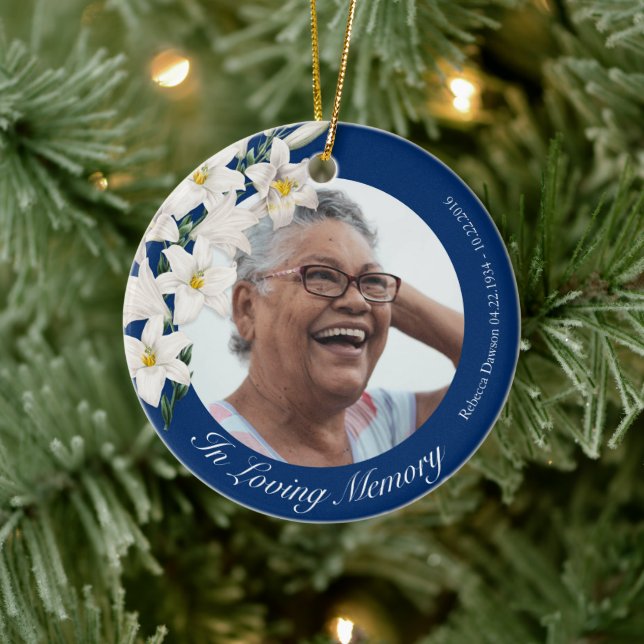 White Flowers Memorial Blue Custom Photo Christmas Ceramic Ornament (Tree)