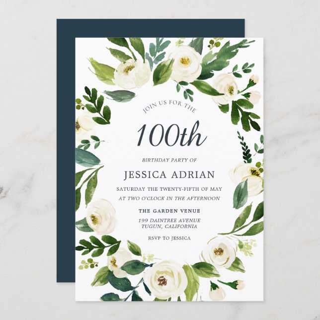 White Flowers Modern 100th Birthday Party Invite (Front/Back)