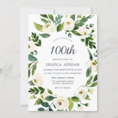 White Flowers Modern 100th Birthday Party Invite (Front)