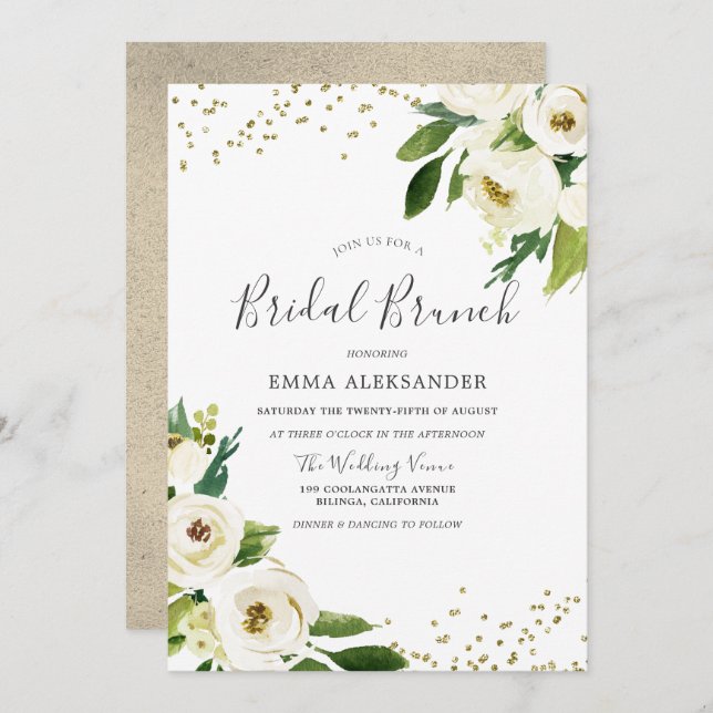White Flowers Modern Bridal Shower Brunch Invite (Front/Back)
