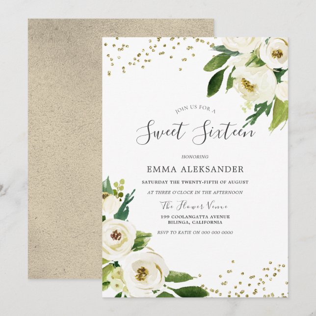 White Flowers Modern Gold Sweet Sixteen Invite (Front/Back)