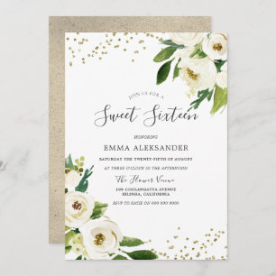 White Flowers Modern Gold Sweet Sixteen Invite
