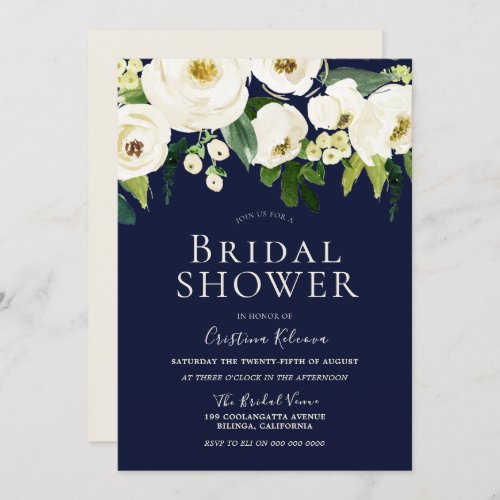 White Flowers  Navy Elegant Bridal Shower Invitation