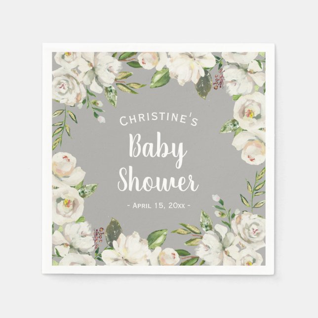 White Flowers Neutral Gray Baby Shower Sprinkle Napkins (Front)