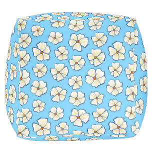 White Flowers on a Blue Background Pouf