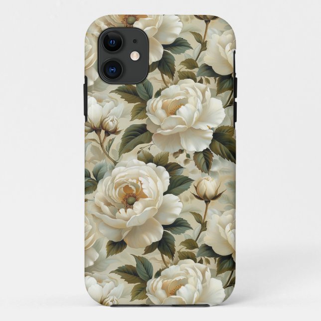 White flowers on a cream background.  Case-Mate iPhone case (Back)
