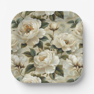 White flowers on a cream background.  paper plates