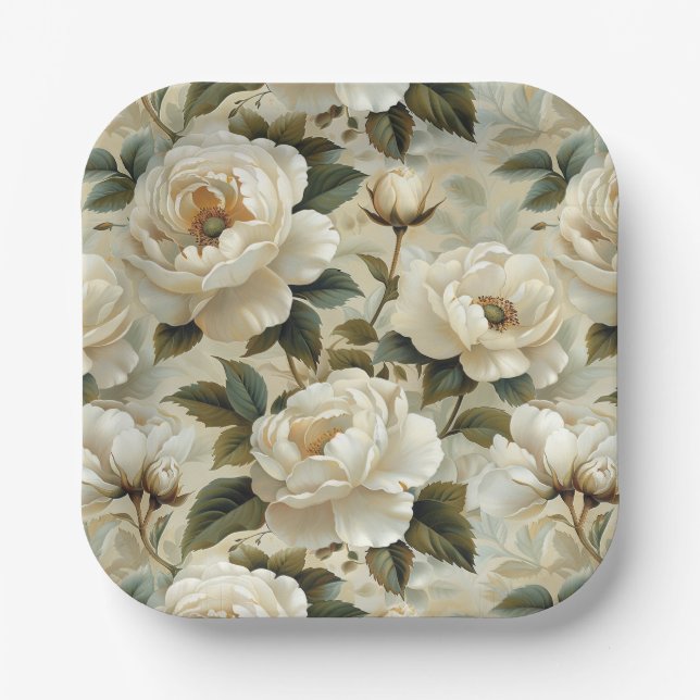 White flowers on a cream background.  paper plates (Front)