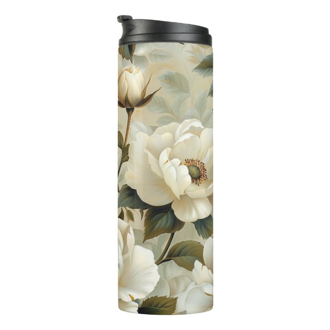 White flowers on a cream background.  thermal tumbler (Rotated Right)
